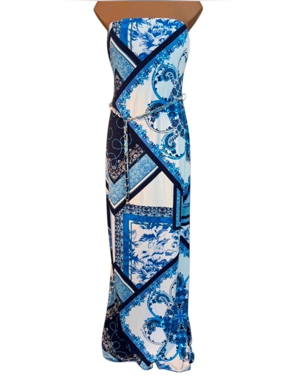 Cache RARE Strapless Blue & White Patchwork Maxi Dress Sz S - Picture 9 of 9
